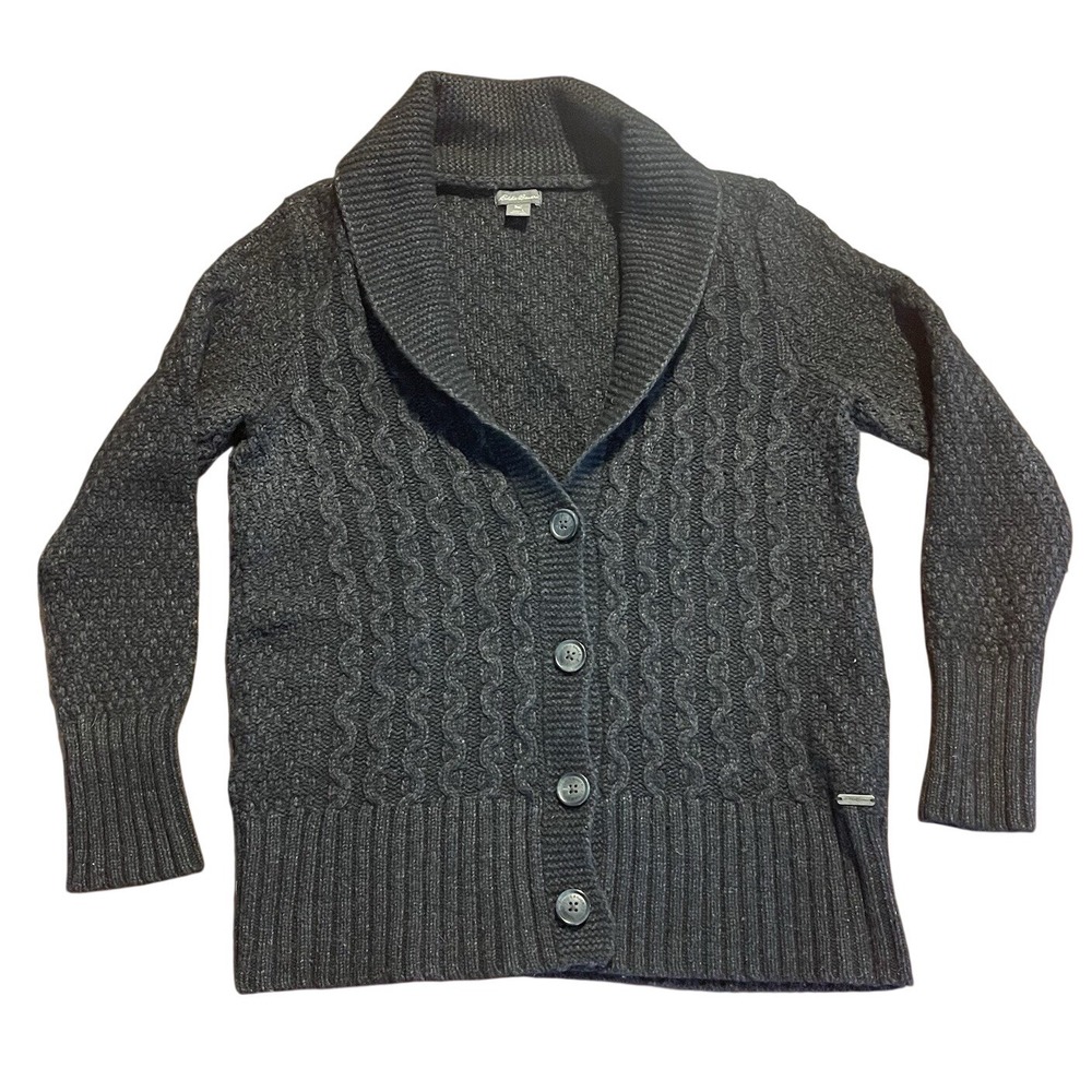 Lg Eddie Bauer Vintage Gray Lambs Wool Sweater Cardigan Fisherman Grandpa V-neck